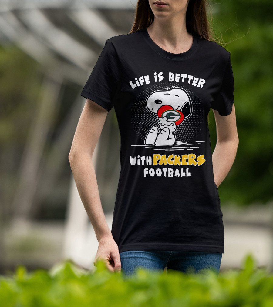 Life Is Better With Packers Football Snoopy Hugging Packers Helmet T-Shirt