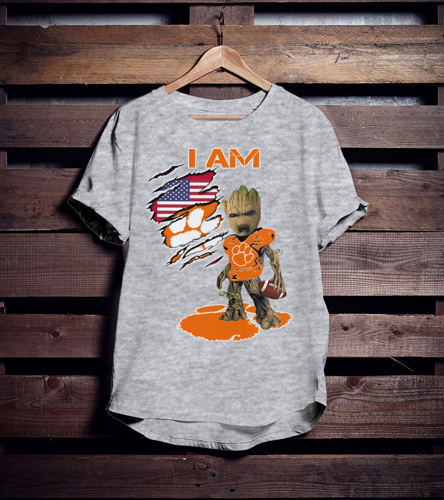I AM Clemsons Baby Groot American Flag Football Paw Prints T-Shirt