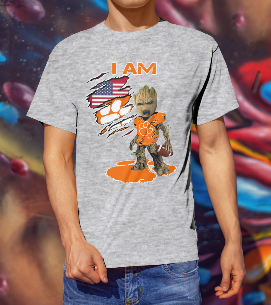 I AM Clemsons Baby Groot American Flag Football Paw Prints T-Shirt