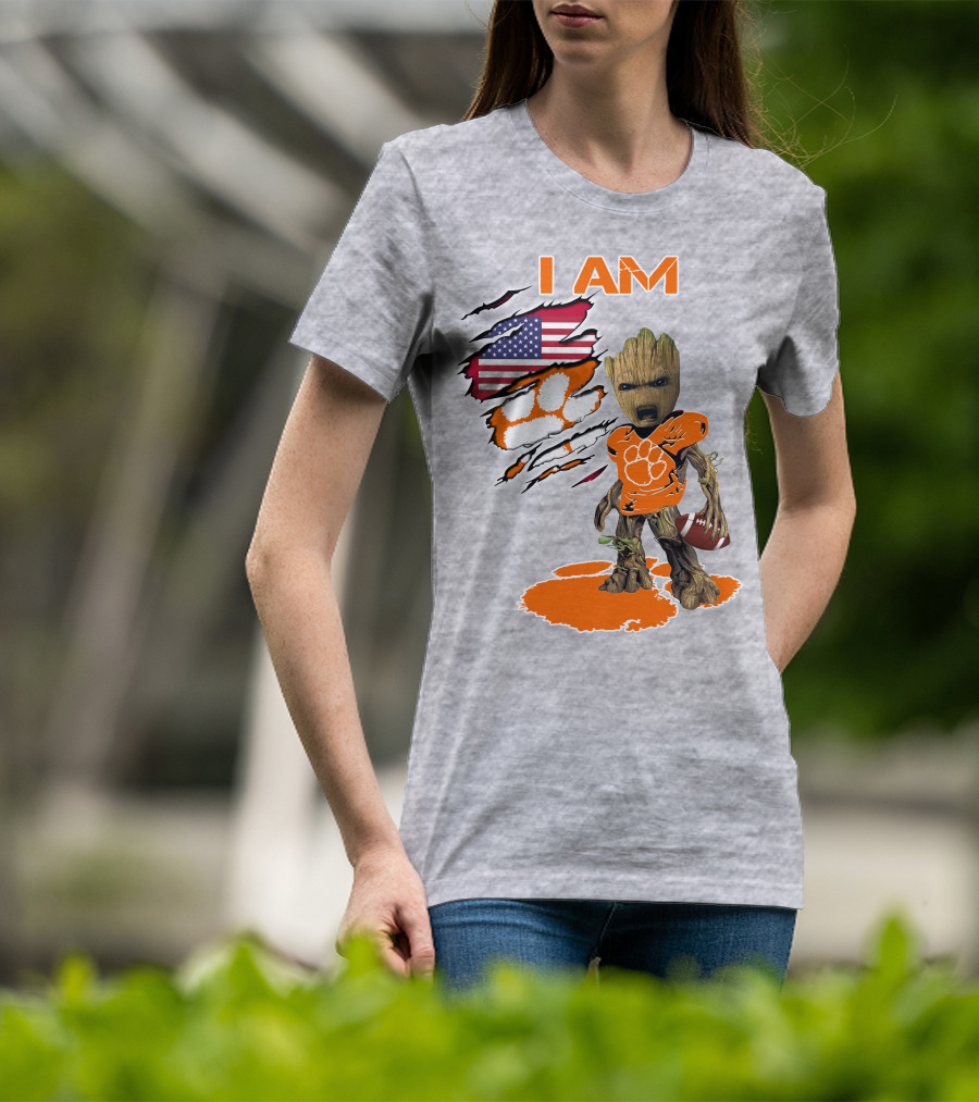 I AM Clemsons Baby Groot American Flag Football Paw Prints T-Shirt