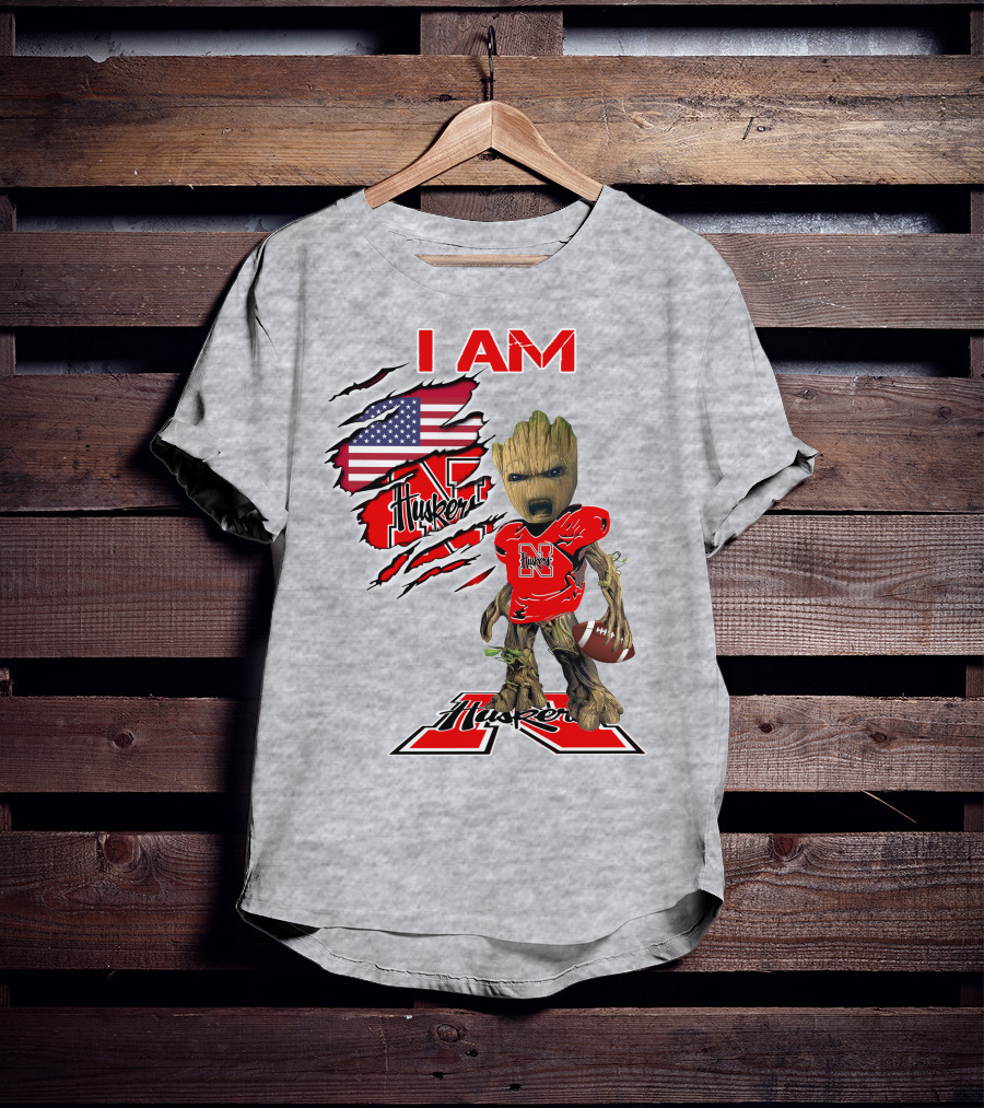 I Am Husker Baby Groot Football USA Flag T-Shirt
