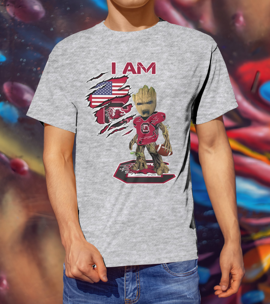 I Am Gamecocks Baby Groot Football American Flag T-Shirt