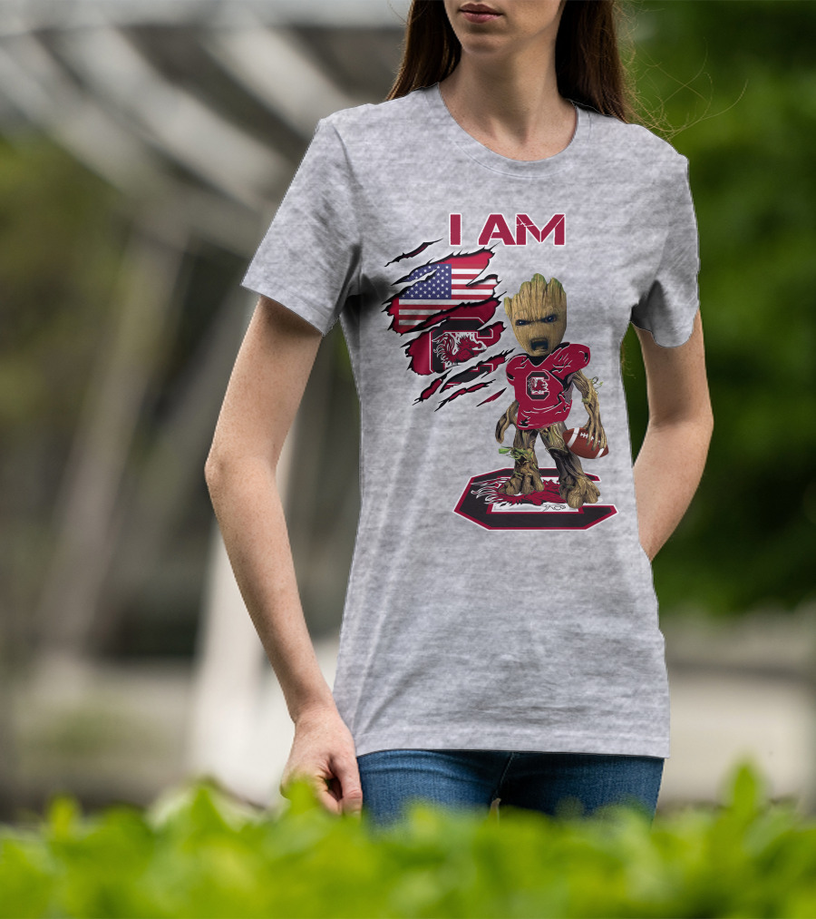 I Am Gamecocks Baby Groot Football American Flag T-Shirt