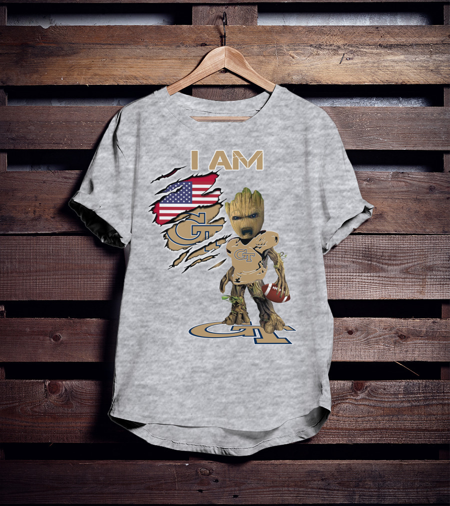 I Am Georgia Tech GT Baby Groot American Flag Football T-Shirt
