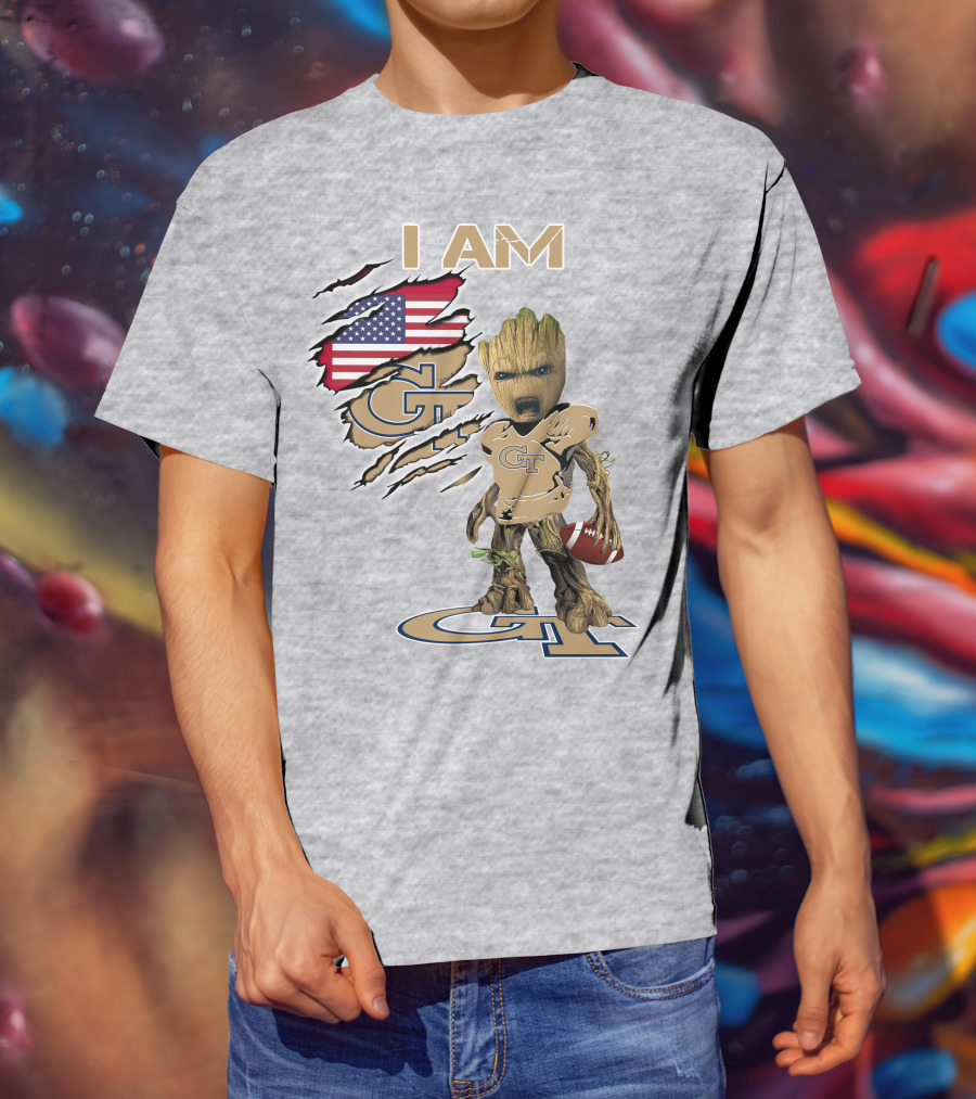 I Am Georgia Tech GT Baby Groot American Flag Football T-Shirt