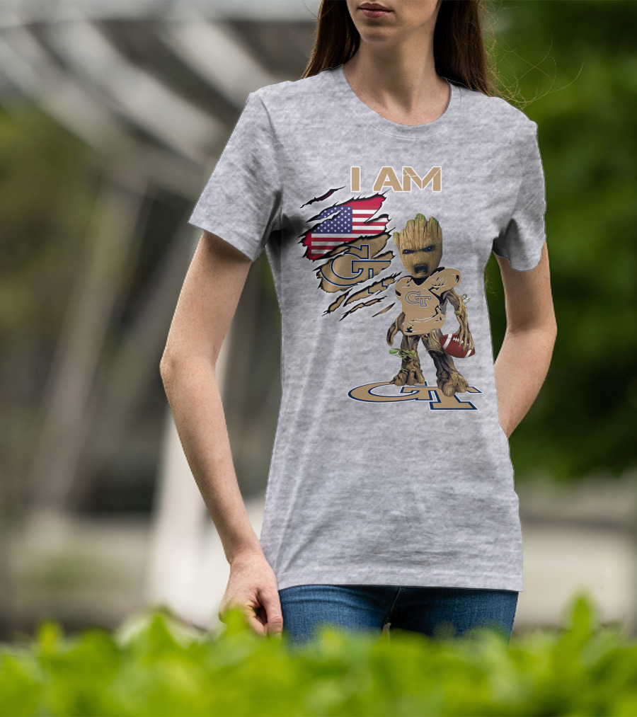 I Am Georgia Tech GT Baby Groot American Flag Football T-Shirt