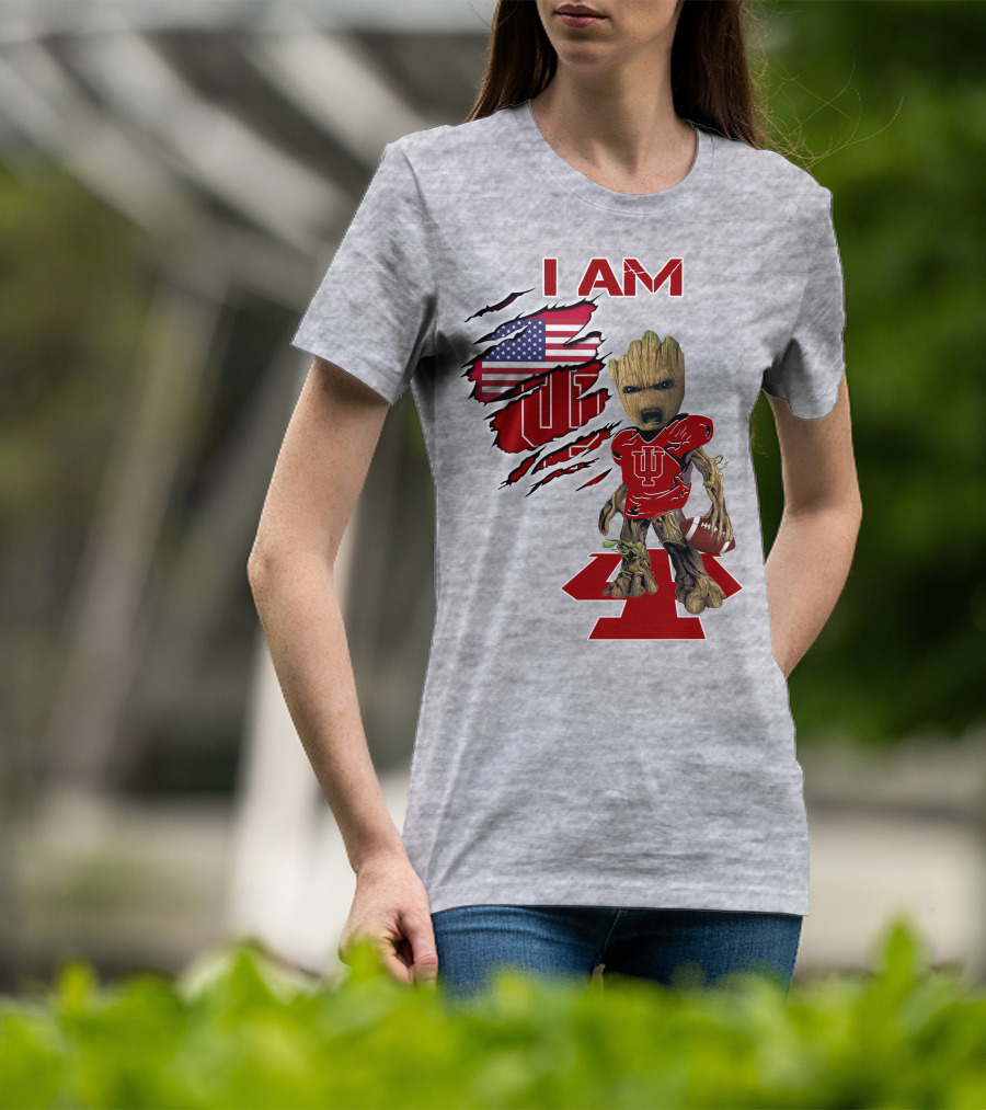 I Am Iu Hoosiers Baby Groot American Flag Football T-Shirt
