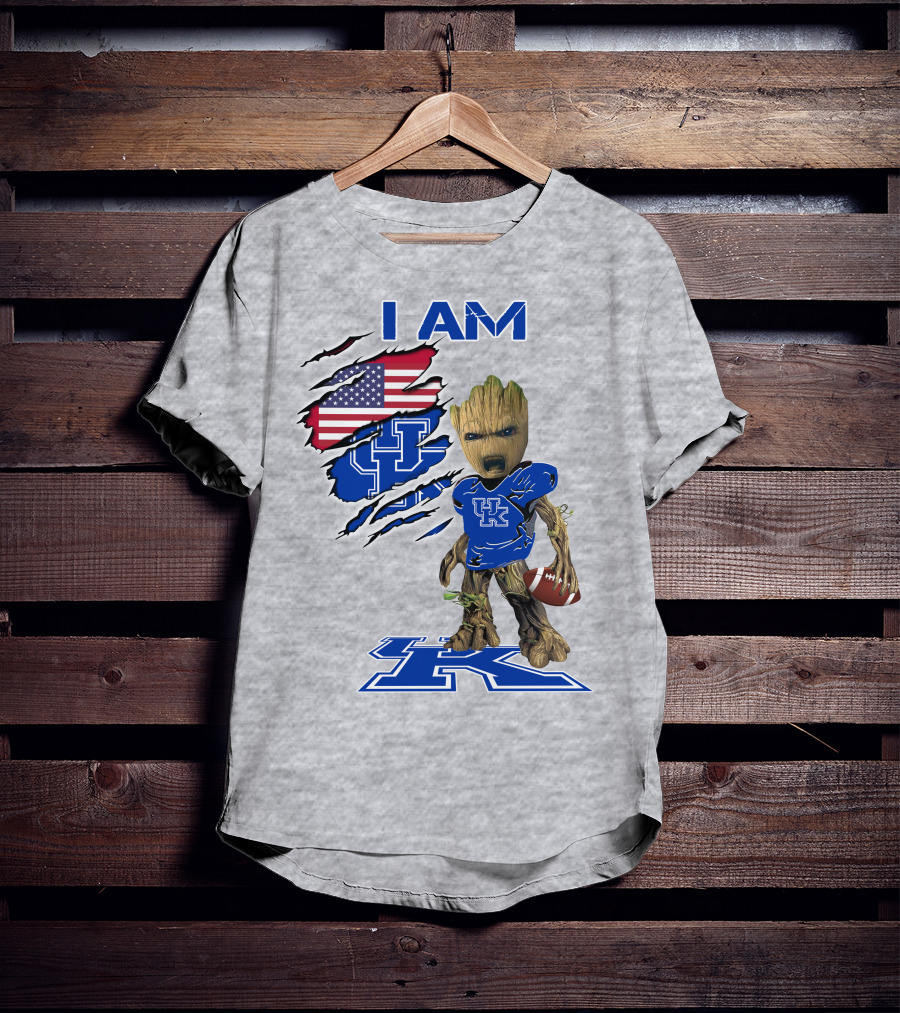 I AM Kentucky Baby Groot Football UK Logo American Flag T-Shirt