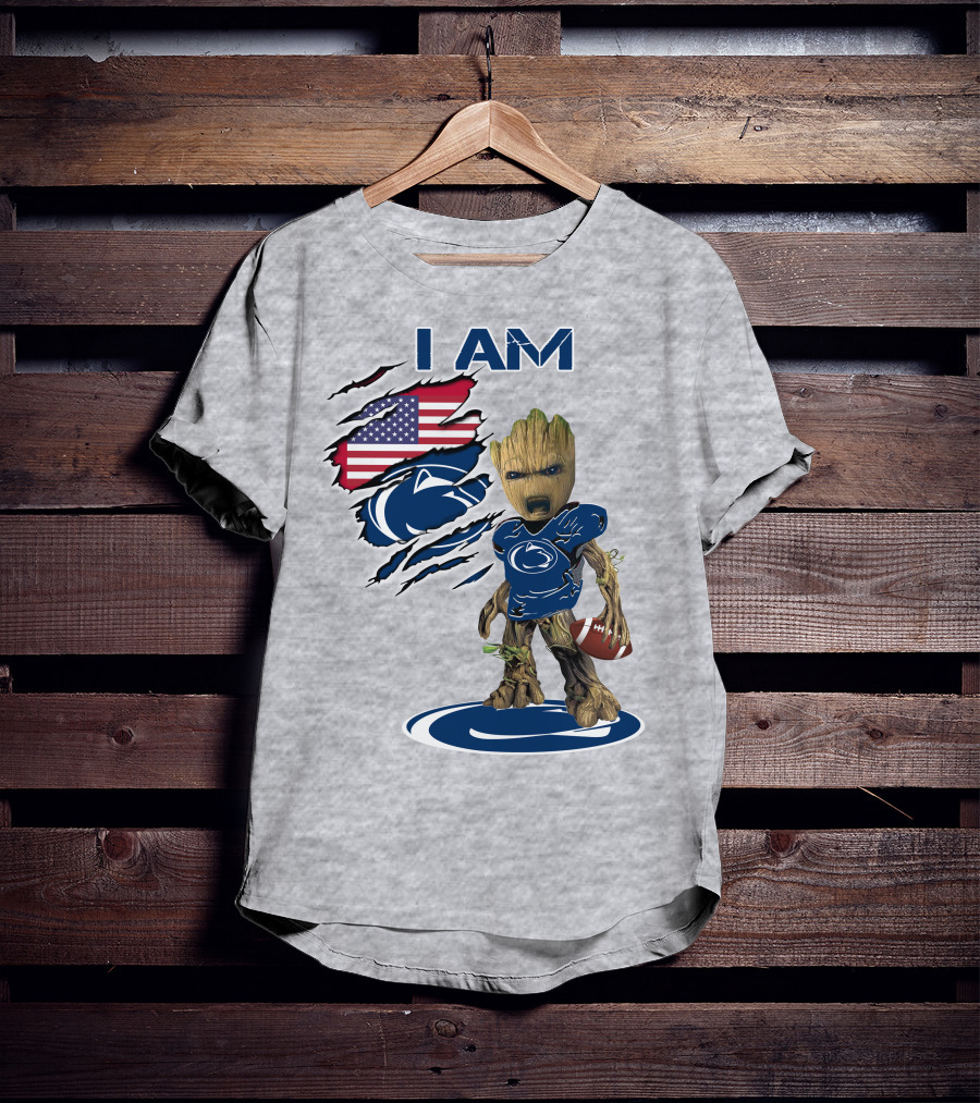 I Am Penn State Baby Groot American Flag Football T-Shirt
