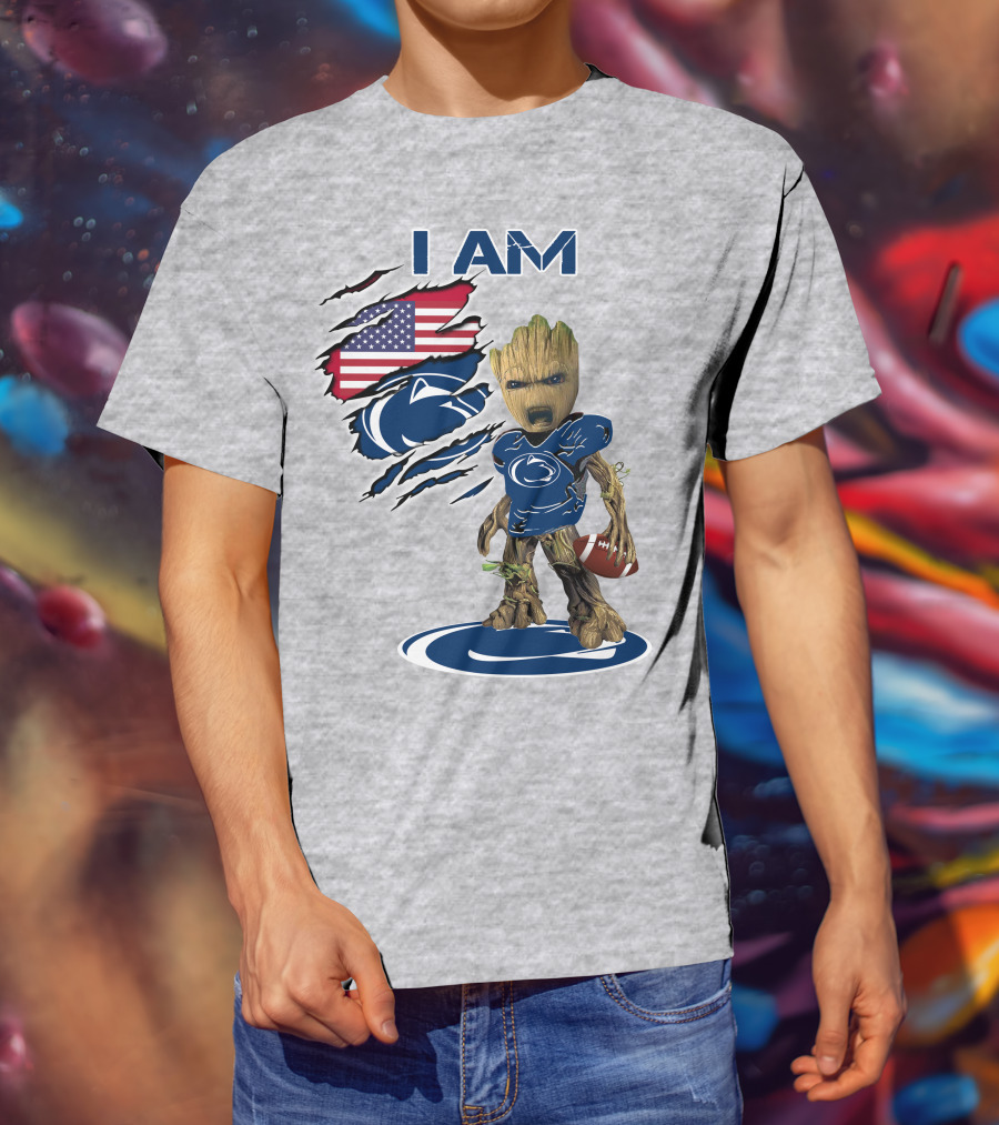 I Am Penn State Baby Groot American Flag Football T-Shirt