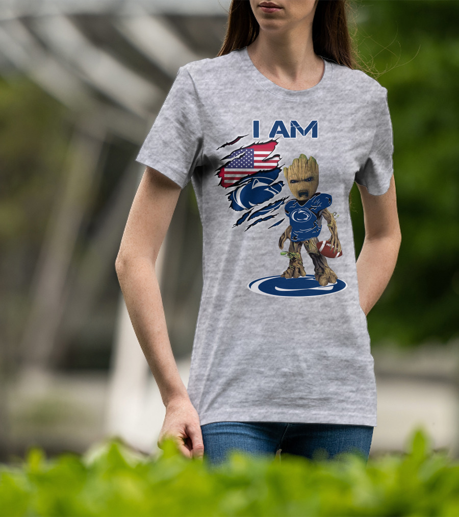I Am Penn State Baby Groot American Flag Football T-Shirt