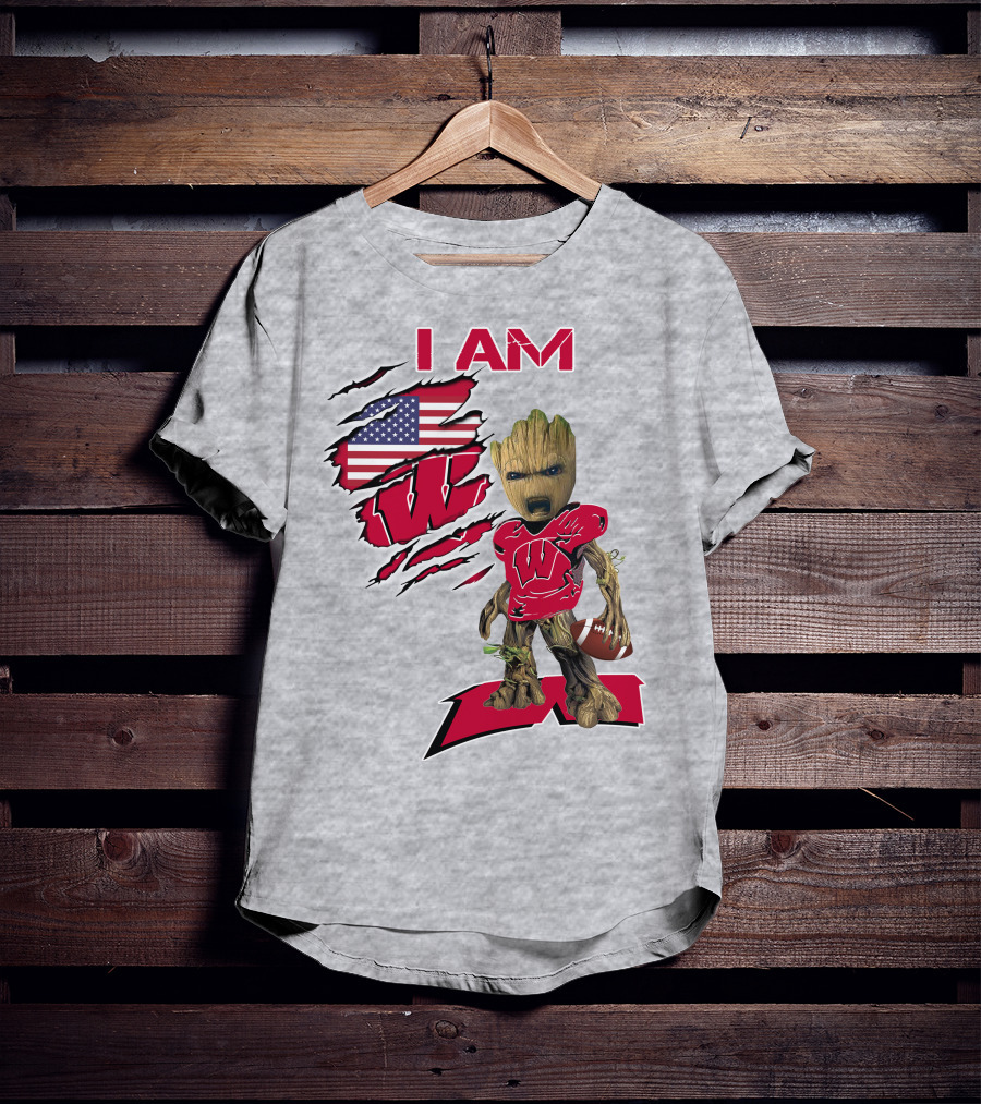 I Am Wisconsin Baby Groot Football W Logo American Flag T-Shirt