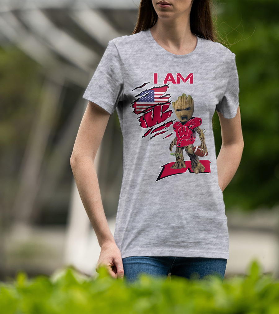 I Am Wisconsin Baby Groot Football W Logo American Flag T-Shirt