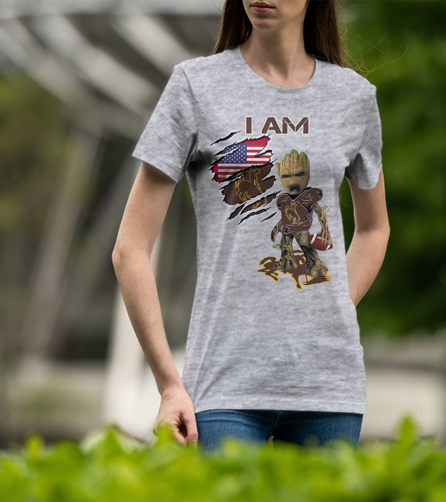 I AM Wyoming Baby Groot Football American Flag Cowboy T-Shirt