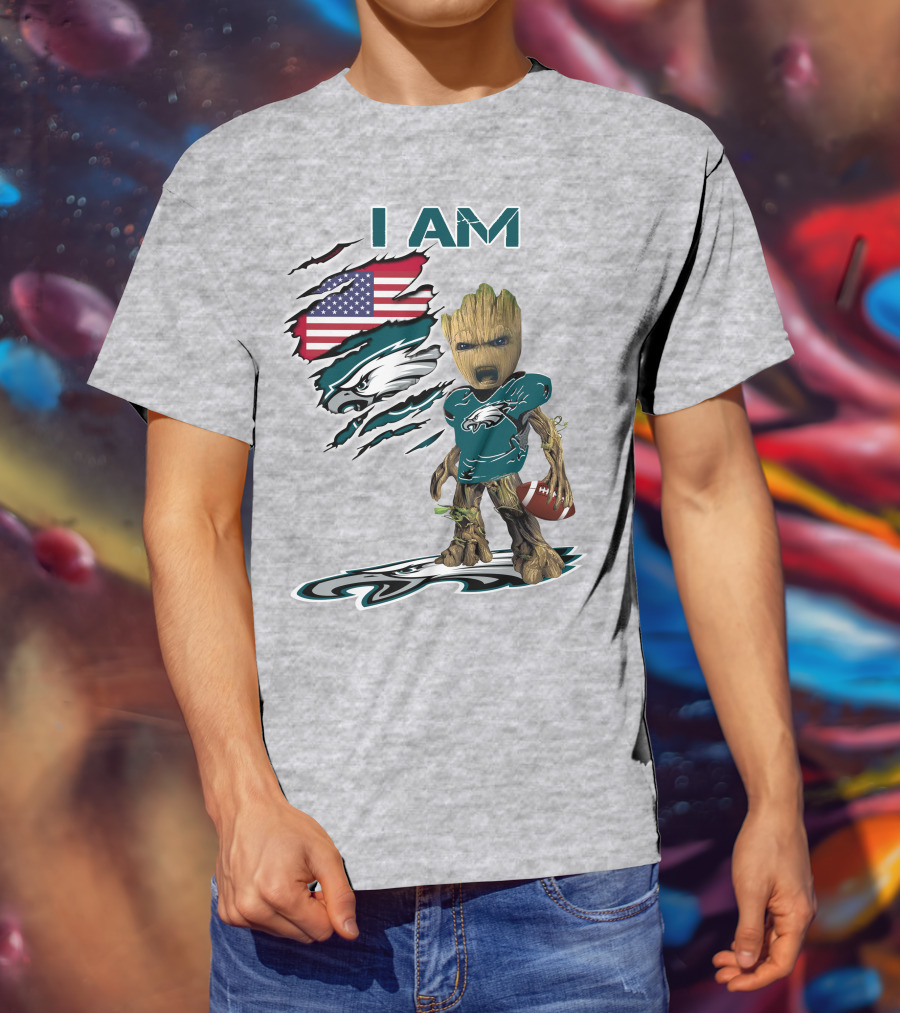 I Am Eagles Baby Groot Football American Flag T-Shirt