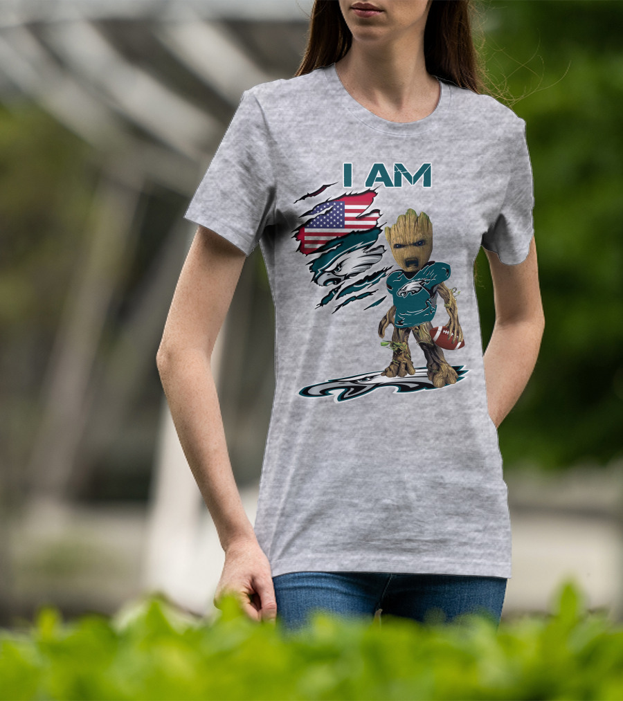 I Am Eagles Baby Groot Football American Flag T-Shirt