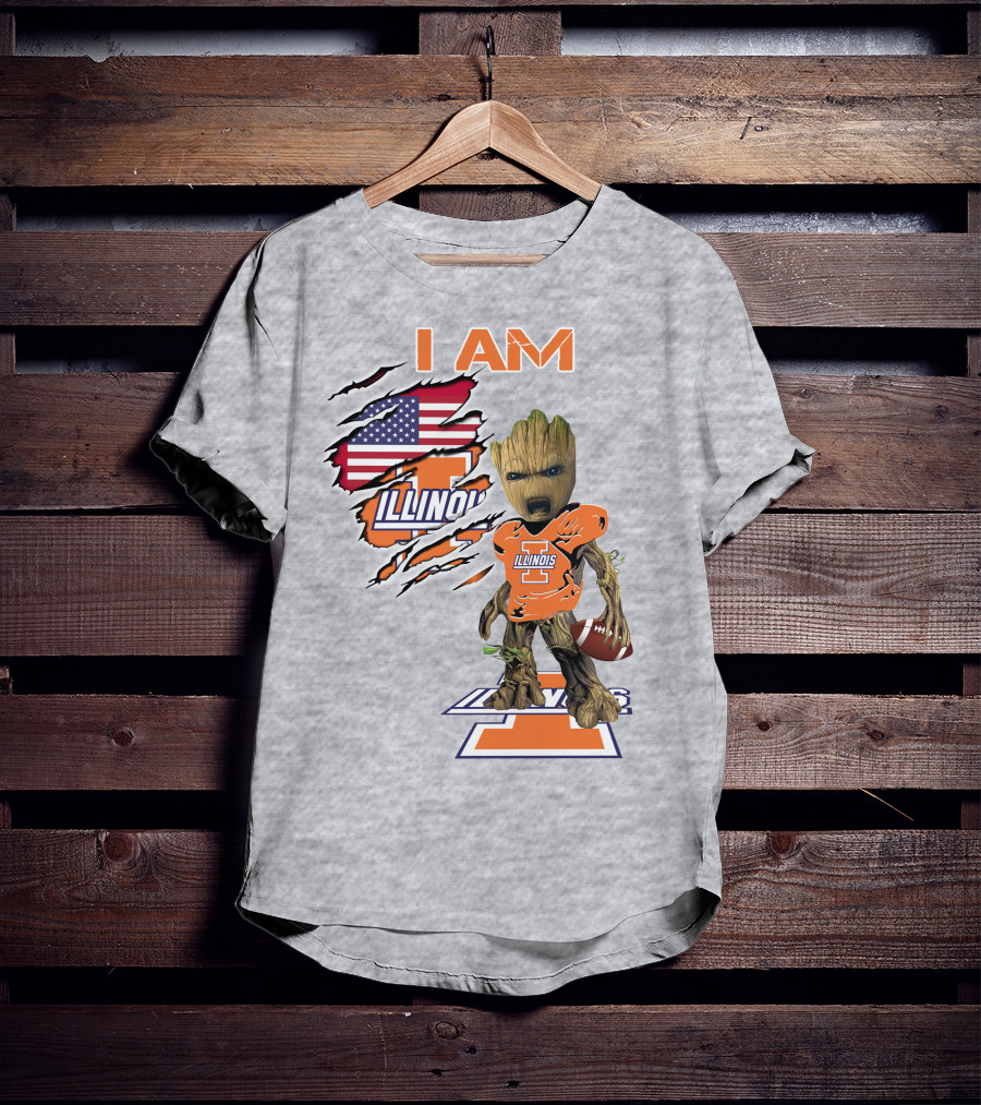 I AM Illinois Baby Groot Football American Flag T-Shirt
