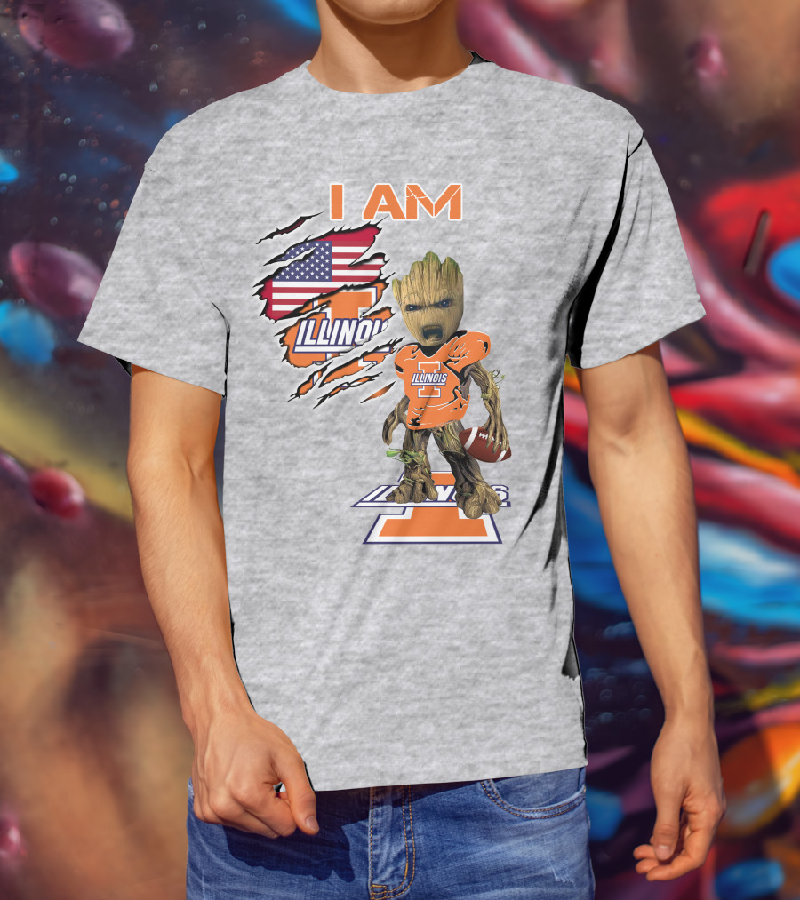I AM Illinois Baby Groot Football American Flag T-Shirt