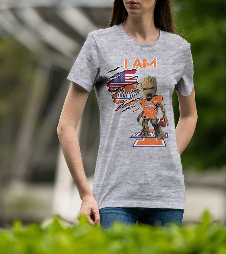 I AM Illinois Baby Groot Football American Flag T-Shirt