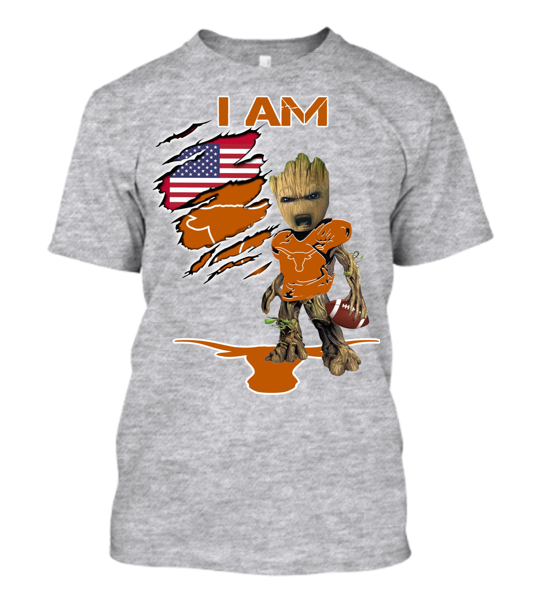 I AM Longhorn Baby Groot Football USA Flag T-Shirt