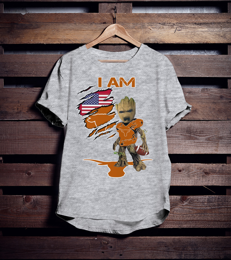I AM Longhorn Baby Groot Football USA Flag T-Shirt