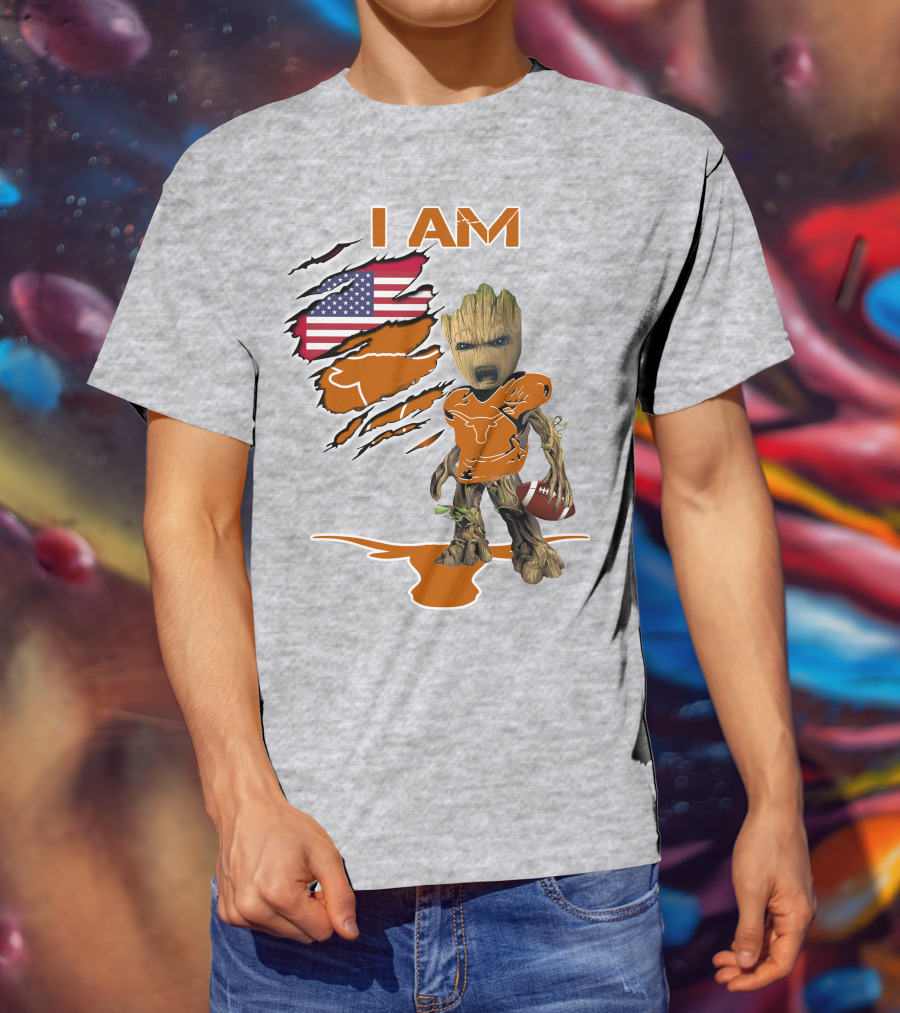 I AM Longhorn Baby Groot Football USA Flag T-Shirt