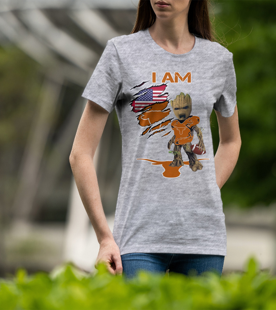 I AM Longhorn Baby Groot Football USA Flag T-Shirt