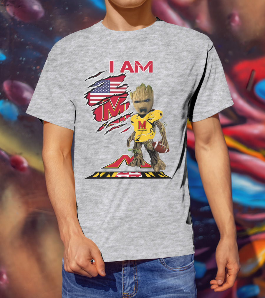 I AM Baby Groot Maryland Football American Flag M T-Shirt