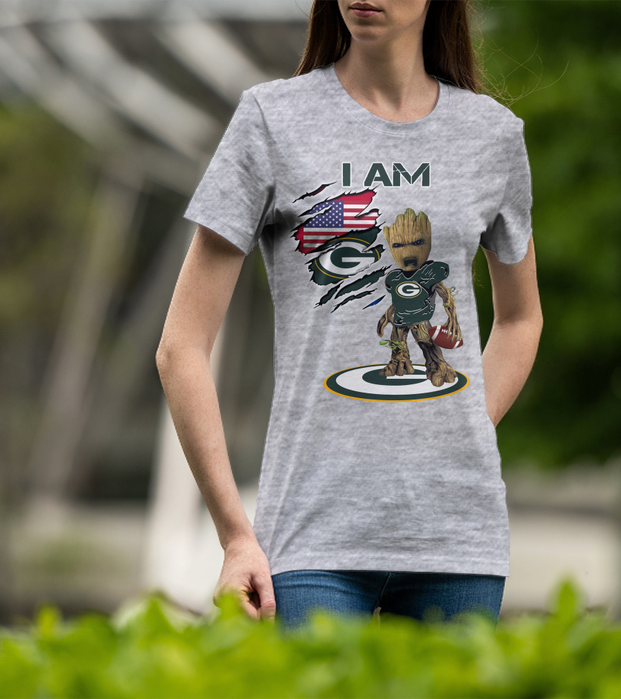 I Am Packers Baby Groot American Flag Football T-Shirt