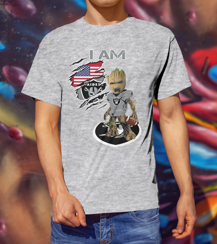 I Am Raiders Baby Groot American Flag Football T-Shirt