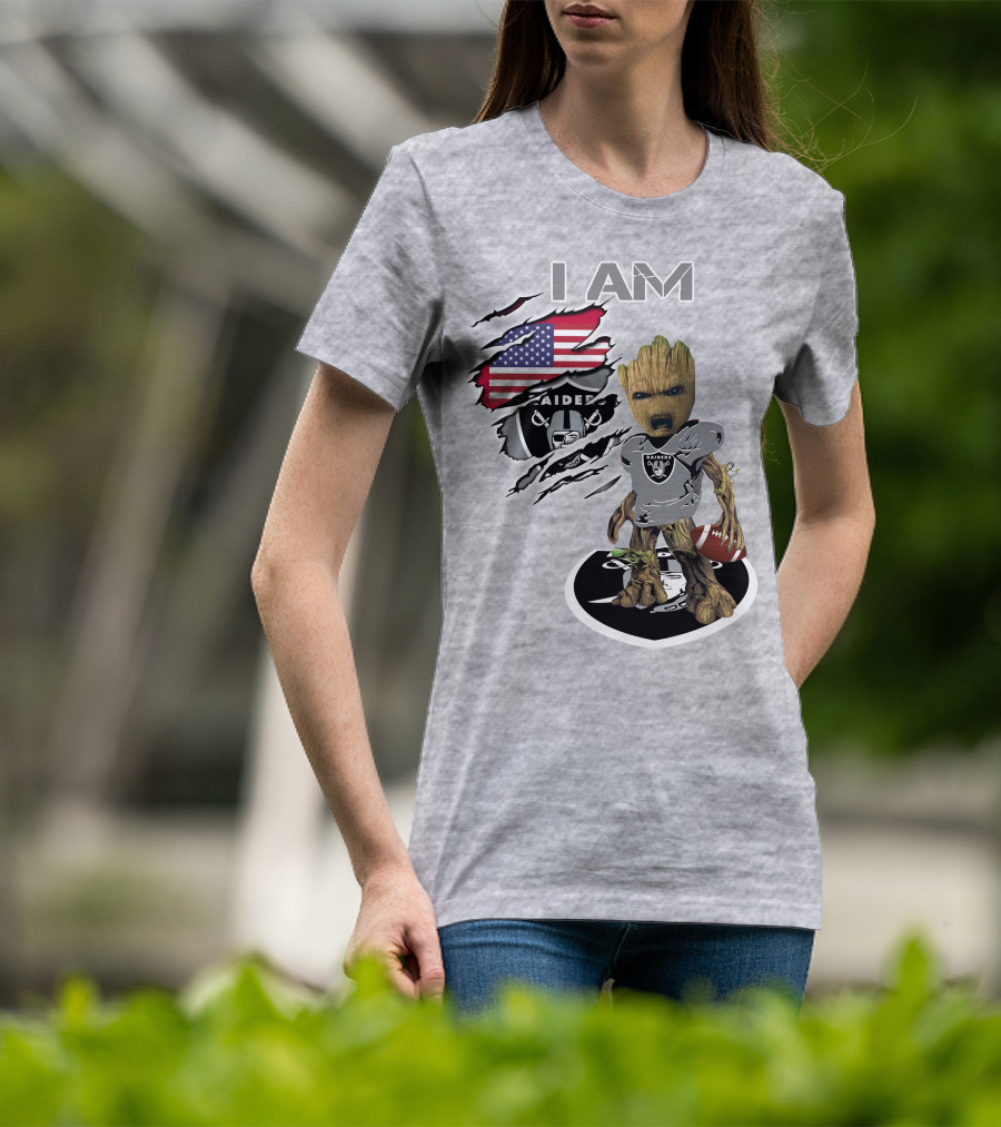 I Am Raiders Baby Groot American Flag Football T-Shirt