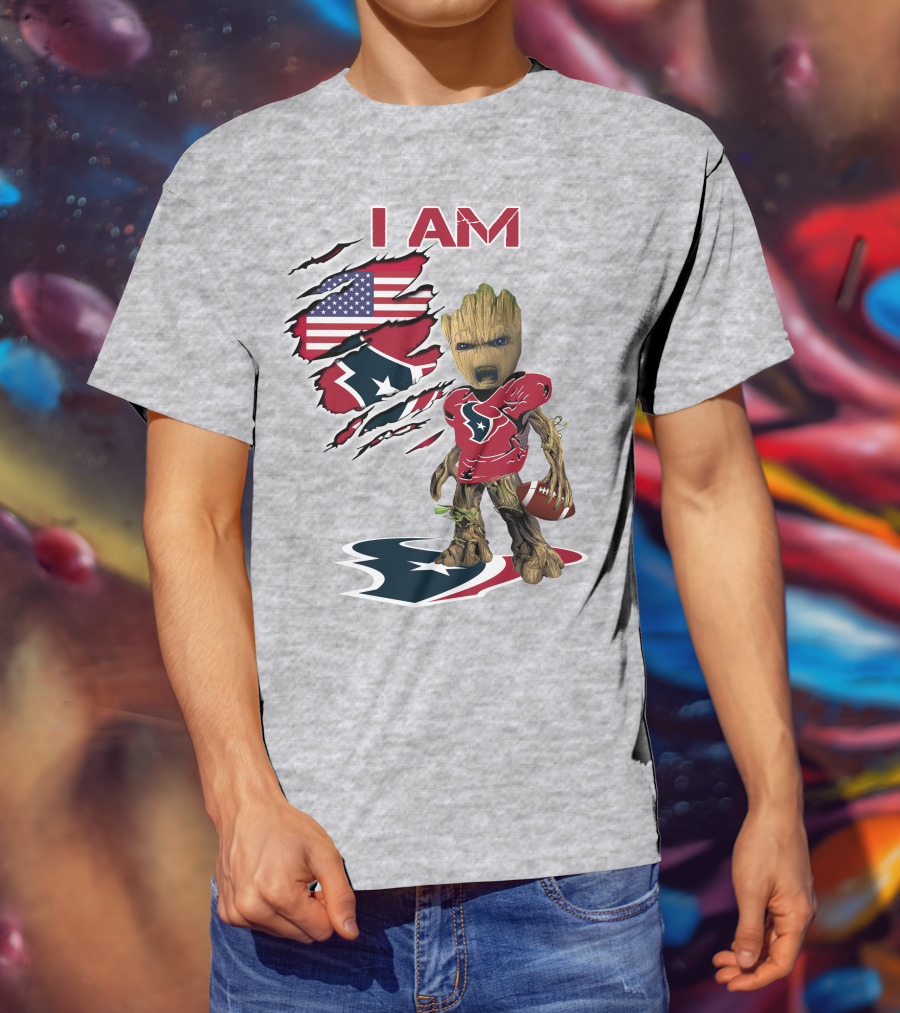 I Am Texans Baby Groot Football Usa Flag T-Shirt