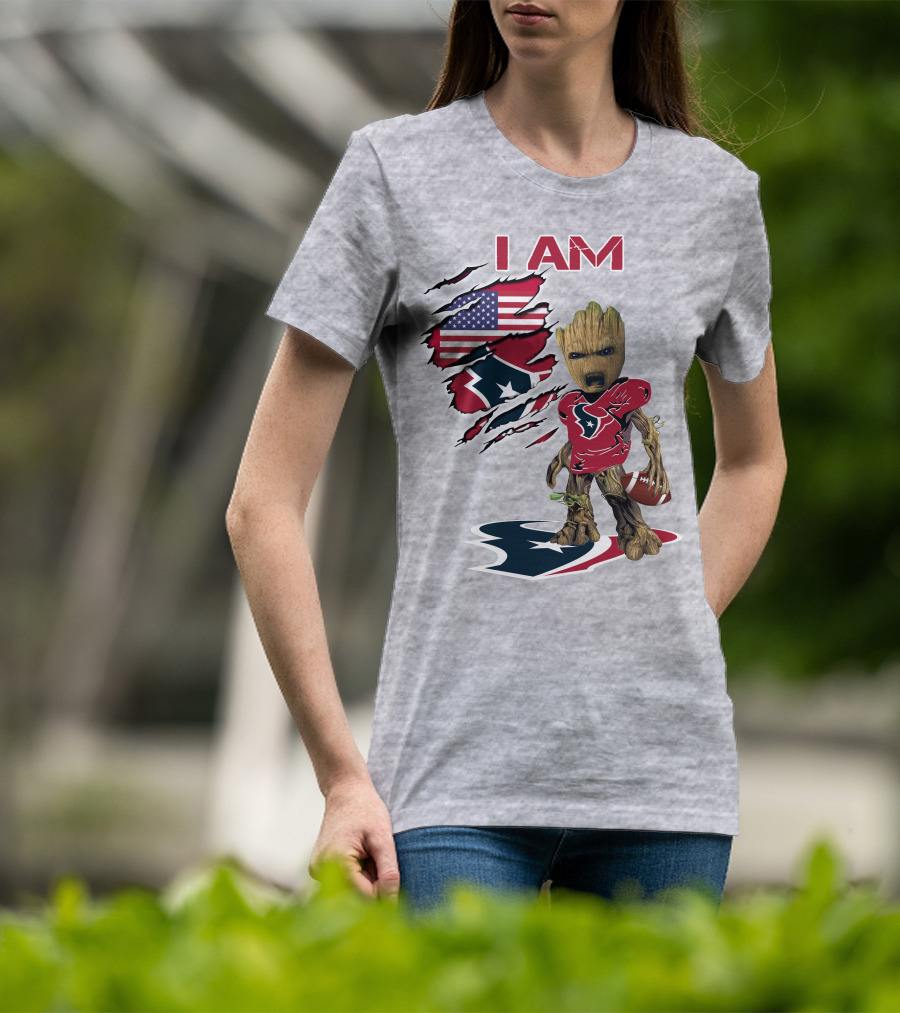 I Am Texans Baby Groot Football Usa Flag T-Shirt