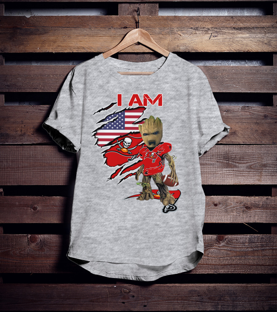 I Am Buc Baby Groot American Flag Football Buccaneers T-Shirt