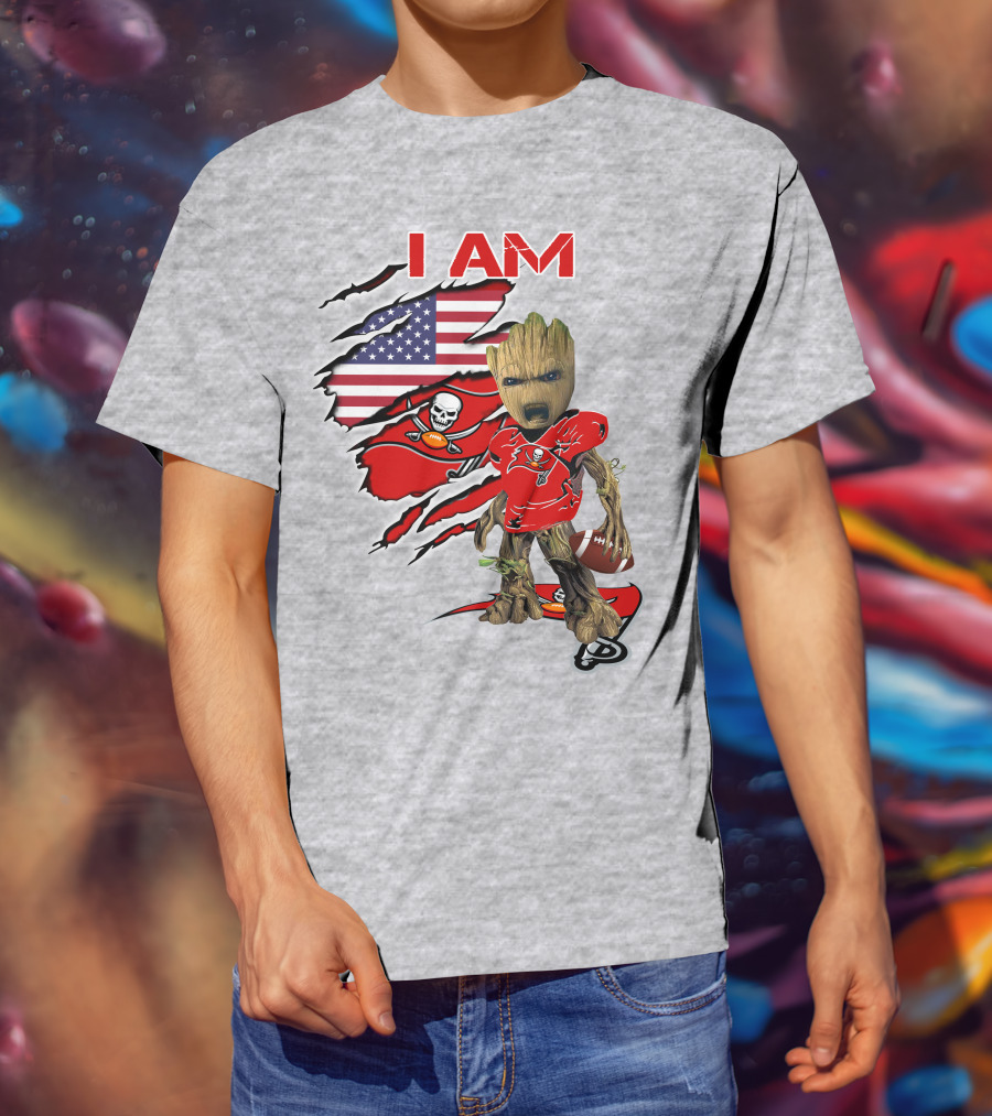 I Am Buc Baby Groot American Flag Football Buccaneers T-Shirt