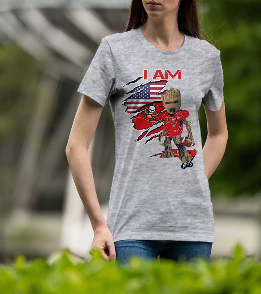I Am Buc Baby Groot American Flag Football Buccaneers T-Shirt