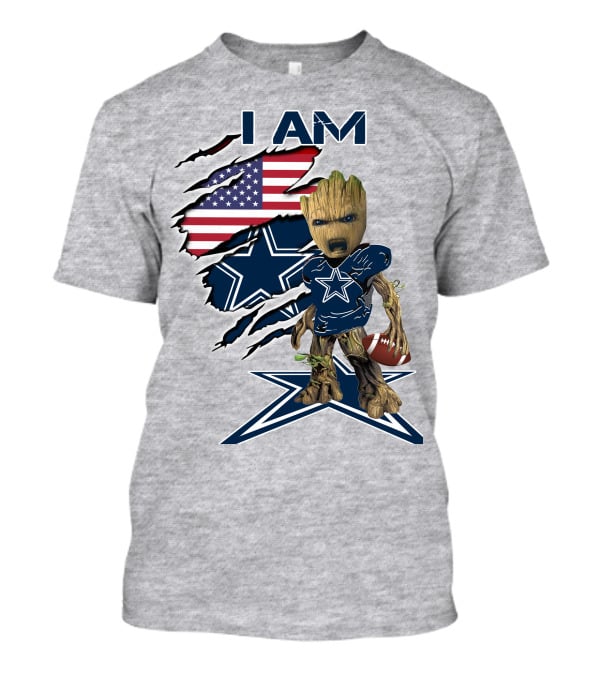 I Am Baby Groot Cowboys Fan With American Flag And Football T-Shirt