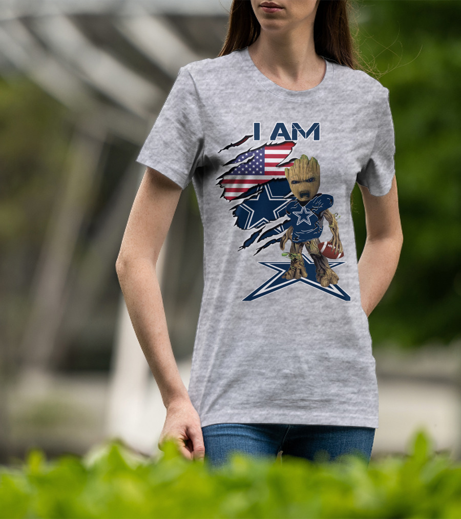 I Am Baby Groot Cowboys Fan With American Flag And Football T-Shirt