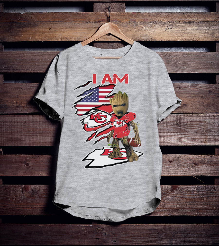 I Am Chiefs Baby Groot Kansas City Football American Flag T-Shirt