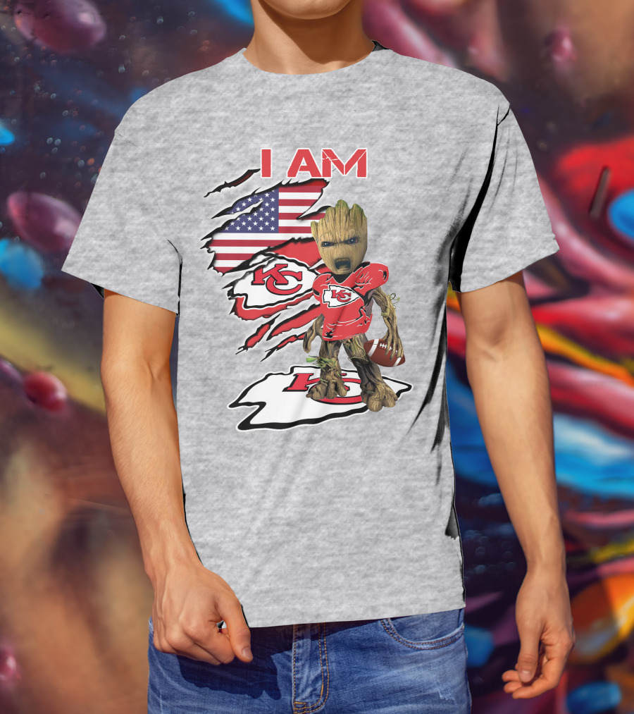 I Am Chiefs Baby Groot Kansas City Football American Flag T-Shirt