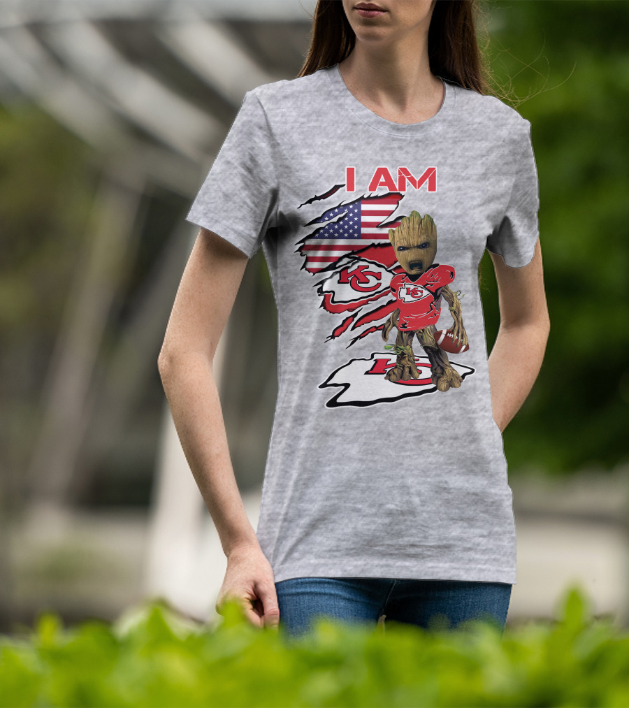 I Am Chiefs Baby Groot Kansas City Football American Flag T-Shirt