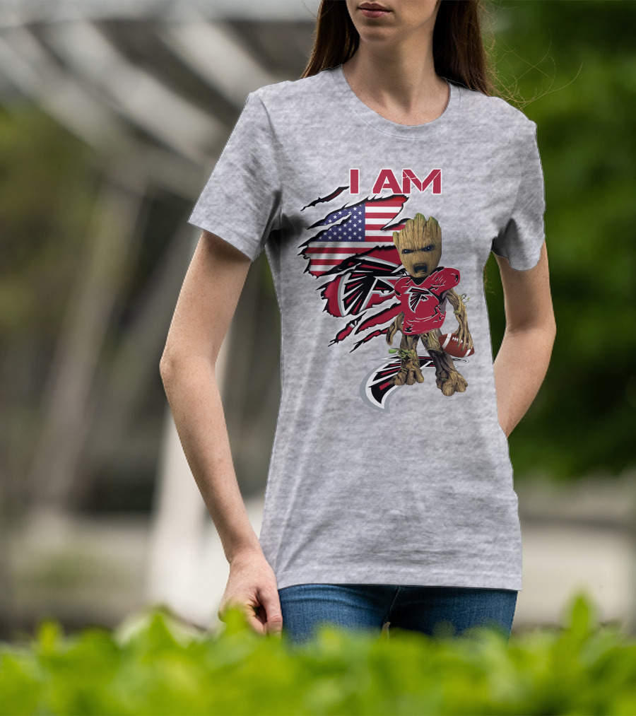 I Am Falcons Baby Groot Usa Flag Football T-Shirt