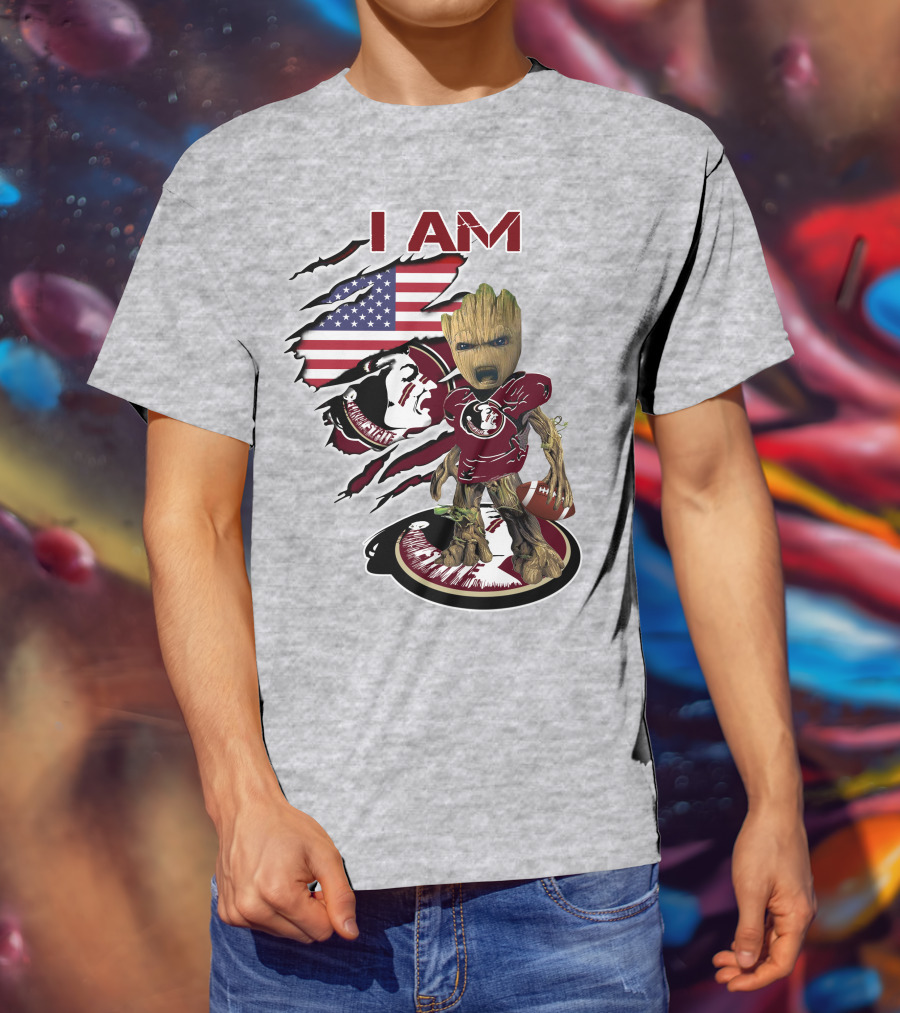 I AM Florida State Baby Groot Football American Flag T-Shirt