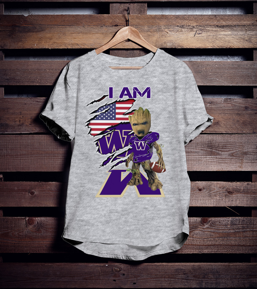 I AM Huskies Baby Groot Football USA Flag T-Shirt