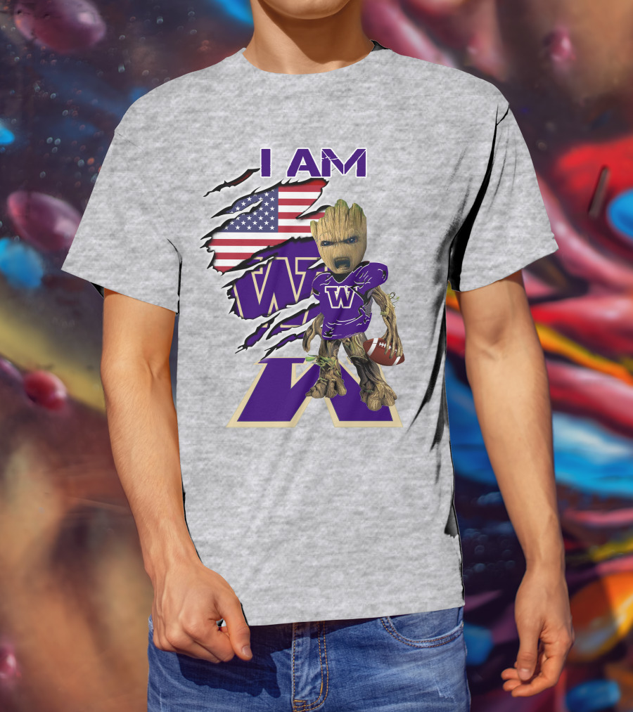 I AM Huskies Baby Groot Football USA Flag T-Shirt