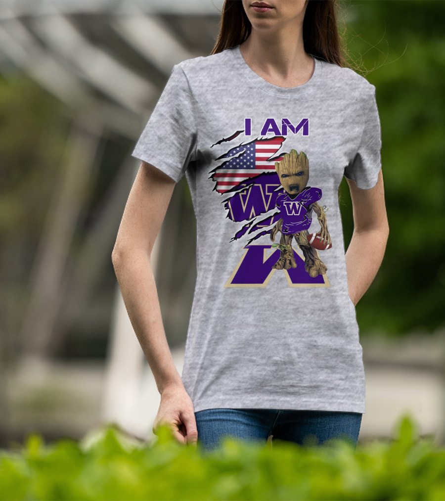 I AM Huskies Baby Groot Football USA Flag T-Shirt