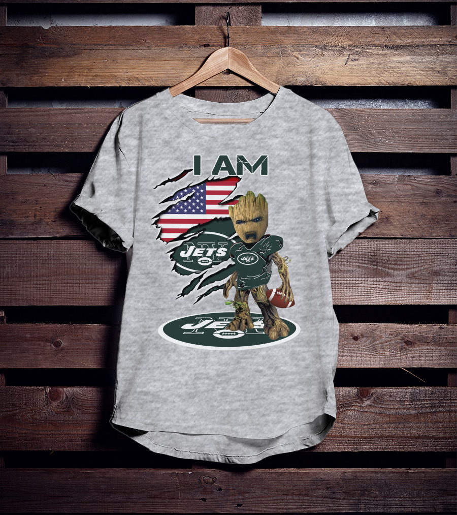 I Am Jets Baby Groot American Flag Football Fan T-Shirt