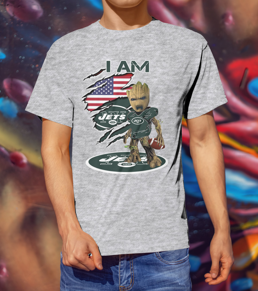 I Am Jets Baby Groot American Flag Football Fan T-Shirt