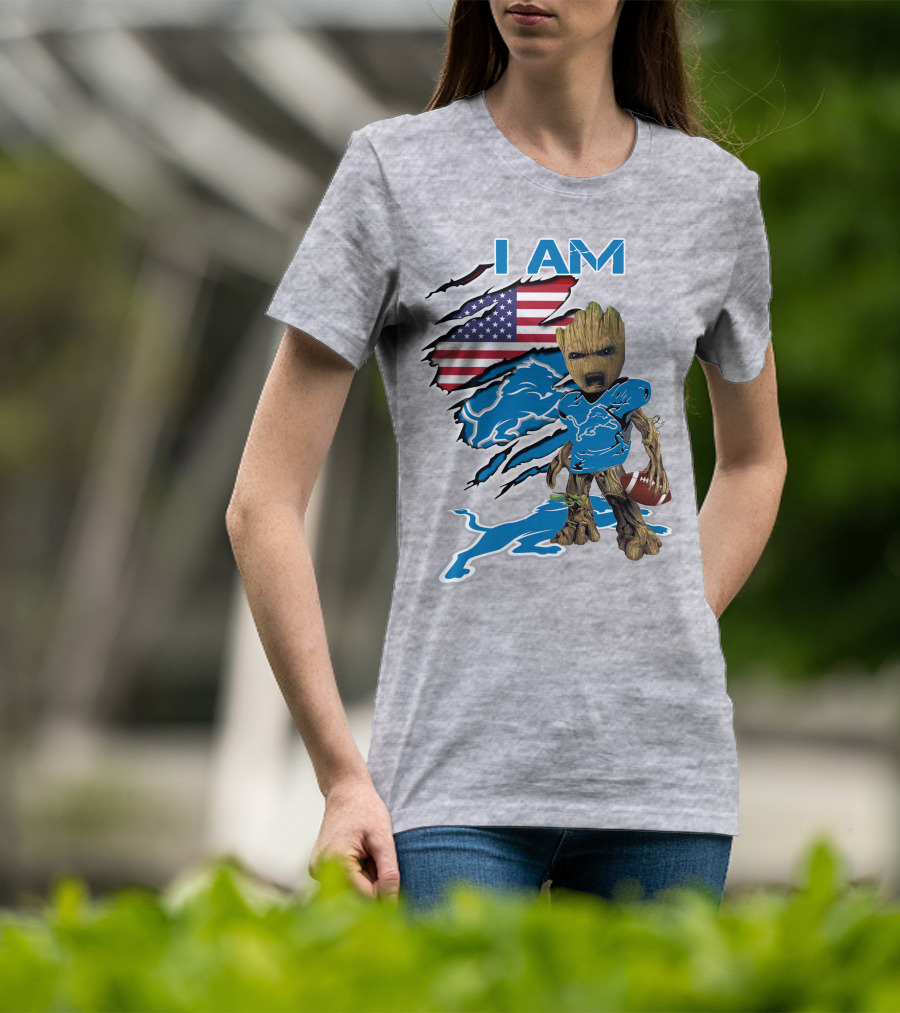 I Am Lions Baby Groot Football American Flag T-Shirt