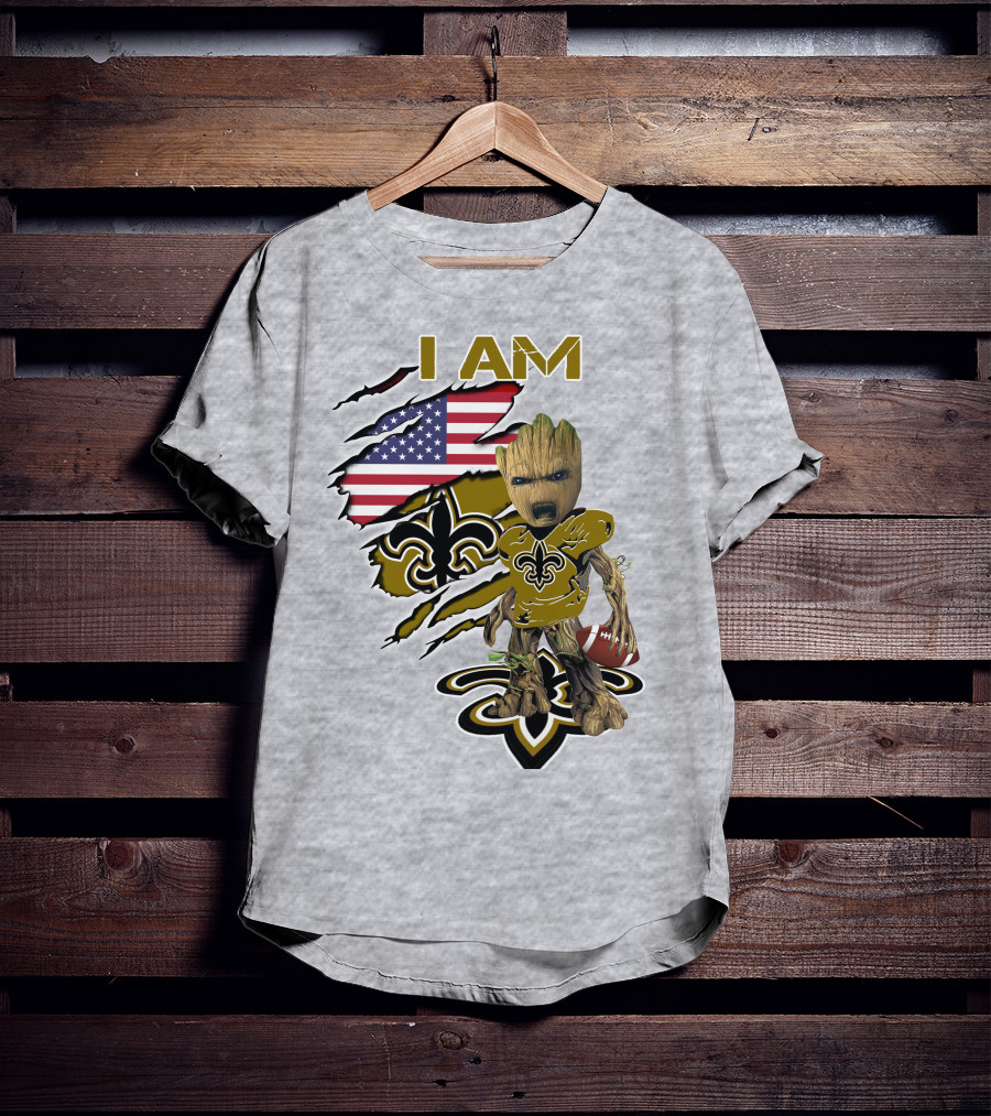I Am Baby Groot Saints Fleur-De-Lis American Flag Football T-Shirt